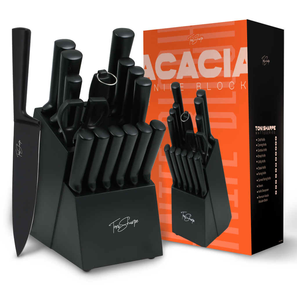 Matte Black Knives with Block ( Pack of 16)