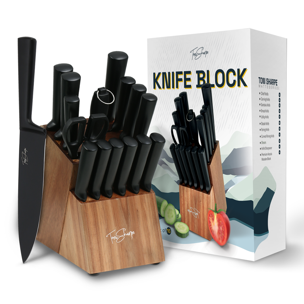 Matte Black knives with Acacia Block (Pack of 16)